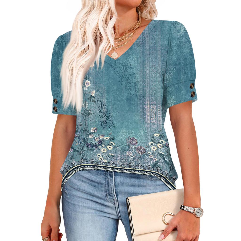 Womens Tops Short Sleeve Shirts Buttons V Neck  Fashion Outfits  Blouses  Casual