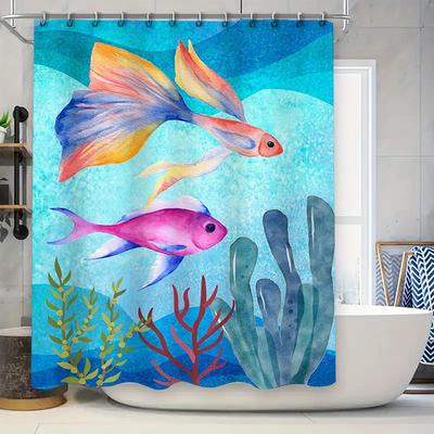 Bright Fish Watercolor Shower Curtain Underwater Scene Decor for Bathroom Tinted Fabric Bath Mat, 180 X 259cm