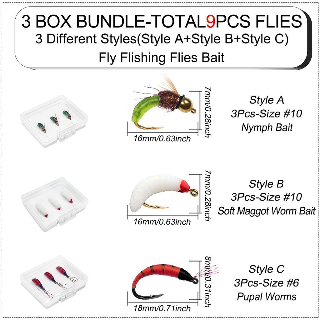 Fly Fishing Flies Bait-3Boxes Bundle(Total 9Pcs Flies)Nymph Bait Wet Fly Trout/Bass/Carp/ Fishing Lure With Flies Box