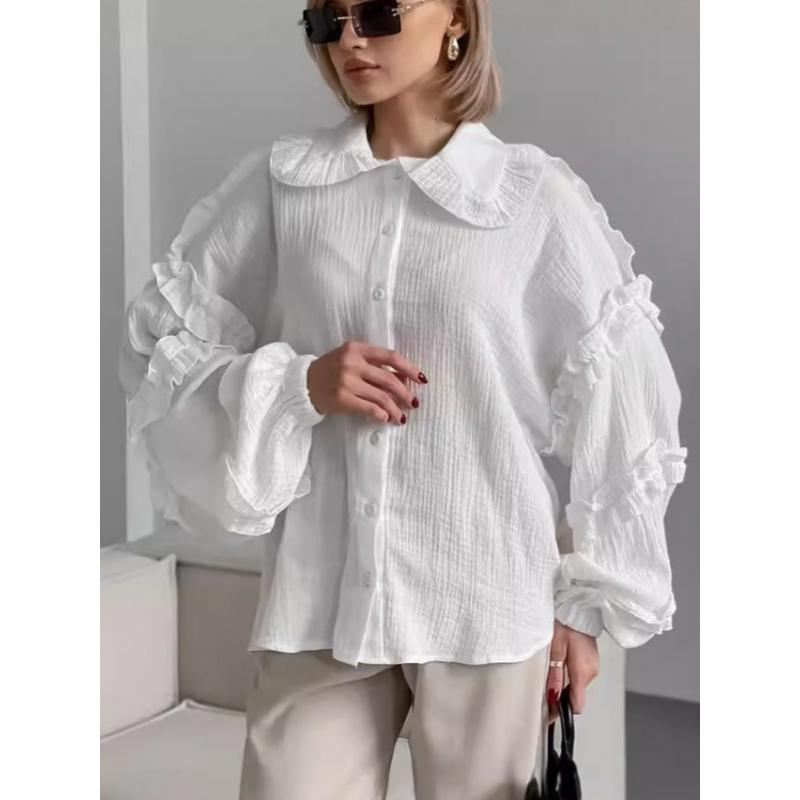 

Женская свободная рубашка с длинным рукавом и кружевными рукавами в французском стиле, топ для девушек, весна-осень, модный новый, 100% хлопок S белый