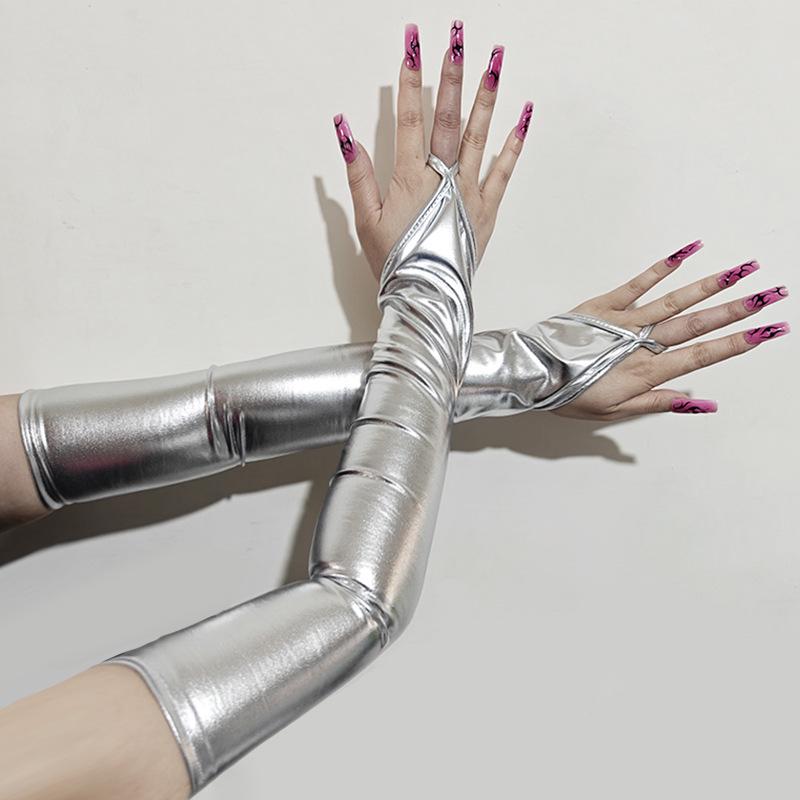European-Style 48cm Patent Leather Fingerless Opera Gloves for Evening, Party, and Bridal Wear