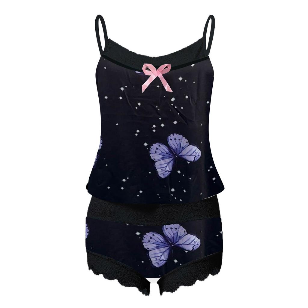 Women Print Pajamas Sleeveless Lace Cami Shorts Lingerie Sleepwear Set