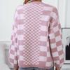 GMXIA Autumn and Winter Fashion Casual Knitwear Loose V-neck Plaid Matching Color Cardigan Sweater for Women