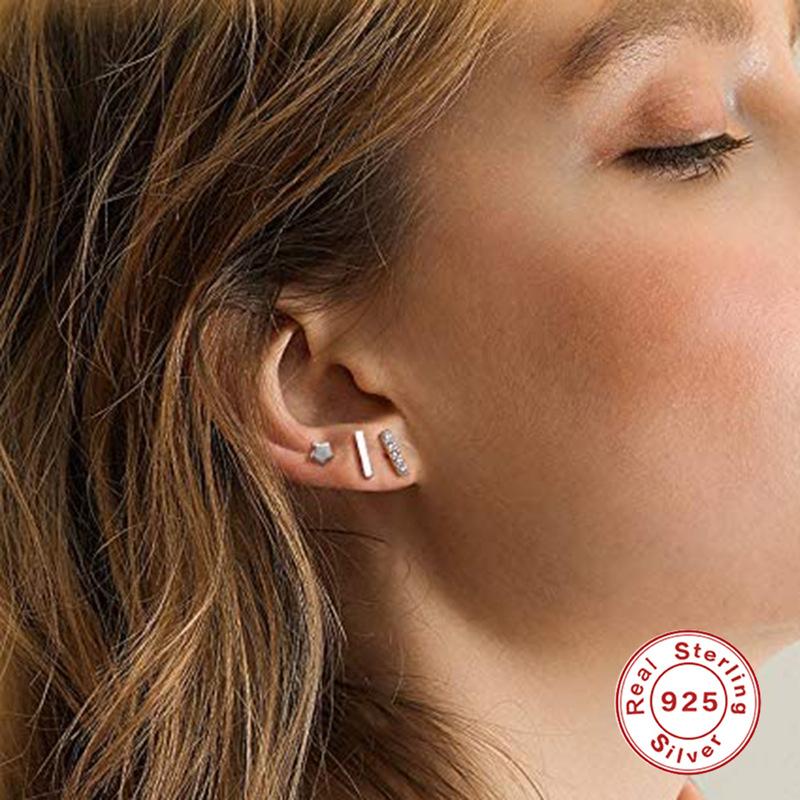 S925 Sterling Silver Fashion Personality Mini Five-Pointed Star Straight Diamond Set Of 3 Sets Of Stud Earrings