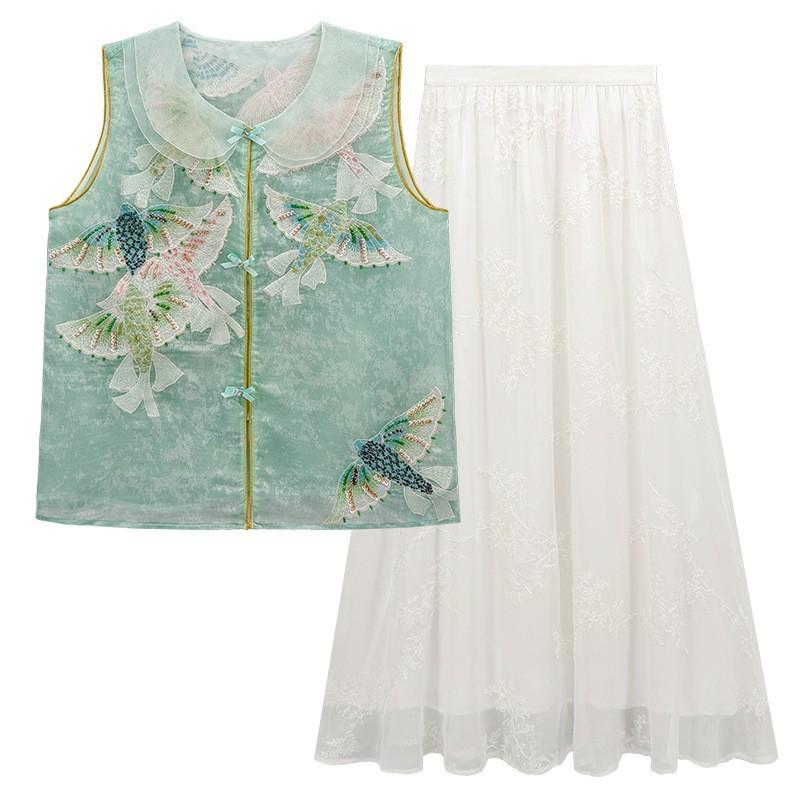 Summer Elegant New New Chinese Style Heavy Craft Embroidery National Style Sleeveless Design Vest + Skirt Set for Women P1111