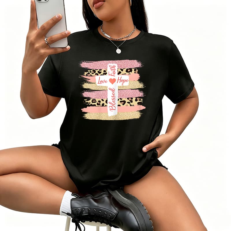 Love Hope Blessed Cross Cheetah Ombrejpg Womens TShirt Cotton Funny Graphic Short Sleeve Tee Novelty Shirt Casual Crew Neck Top SXL