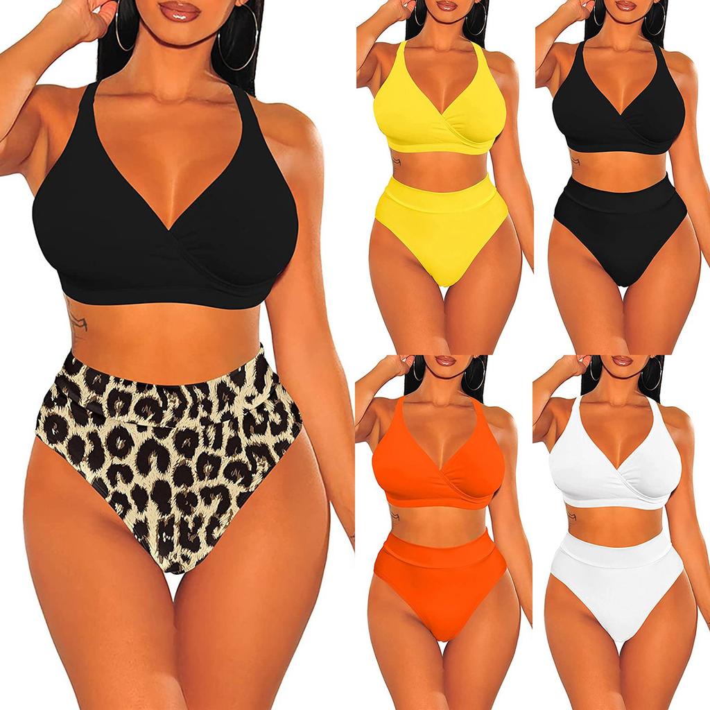 Women Two Piece Bikini Swimsuit High Waist Bottoms Adjustable Tie Straps V Neck Top Beachwear Swimwear Set