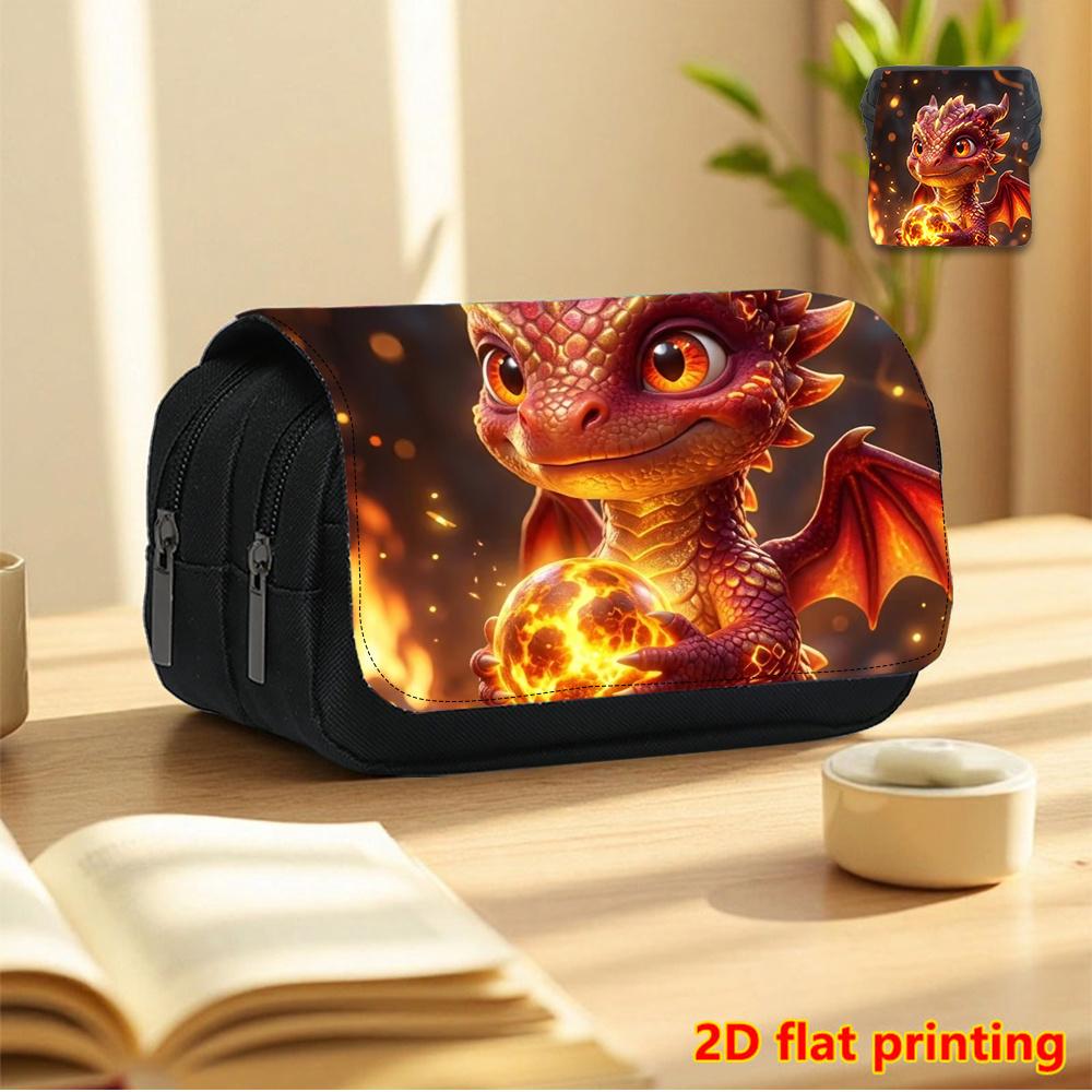 Czarny piórnik z drukiem 2D Smoka Magicznego Płomienia, z podwójną warstwą i zamykaniem flip-top - Niezbędny piórnik do szkoły, Codzienny wielofunkcyjny kosmetyczka, Duży-