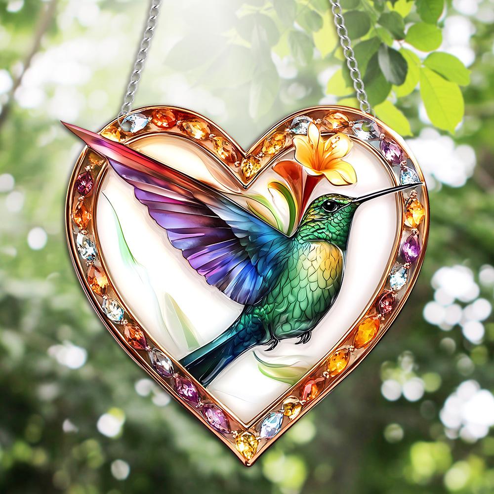 Hummingbird Hanging Acrylic Wind Chime Bird Pendant Heart Shape Suncatcher For Outdoor Home Garden