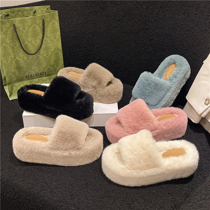 Internet Celebrity One-word Fluffy Slippers Women 2025 Autumn and Winter New Popular Versatile Thick Bottom Heightening Plush Cotton Drag Outside Wear