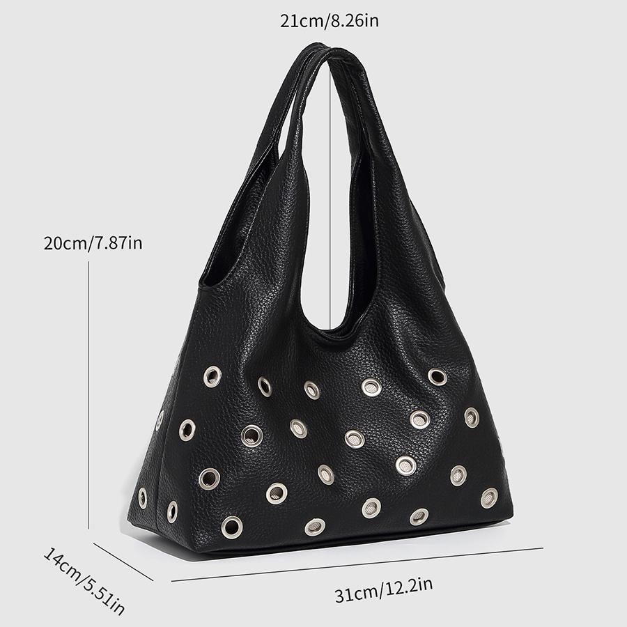 Rivet Underarm Bag, Commuter Large-capacity Shoulder Bag, Hollowed-out Handbag, Black Punk Style Women Shopper Totes Pu Leather