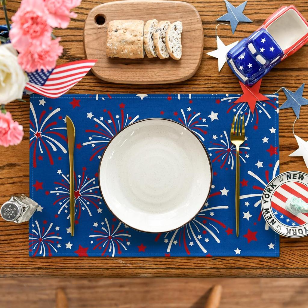 4/6pcs Blue Fireworks Stars 4Th of July Placemats, Memorial Day Patriotic Table Mats for Party Kitchen Dining Decoration 12X18 Inch