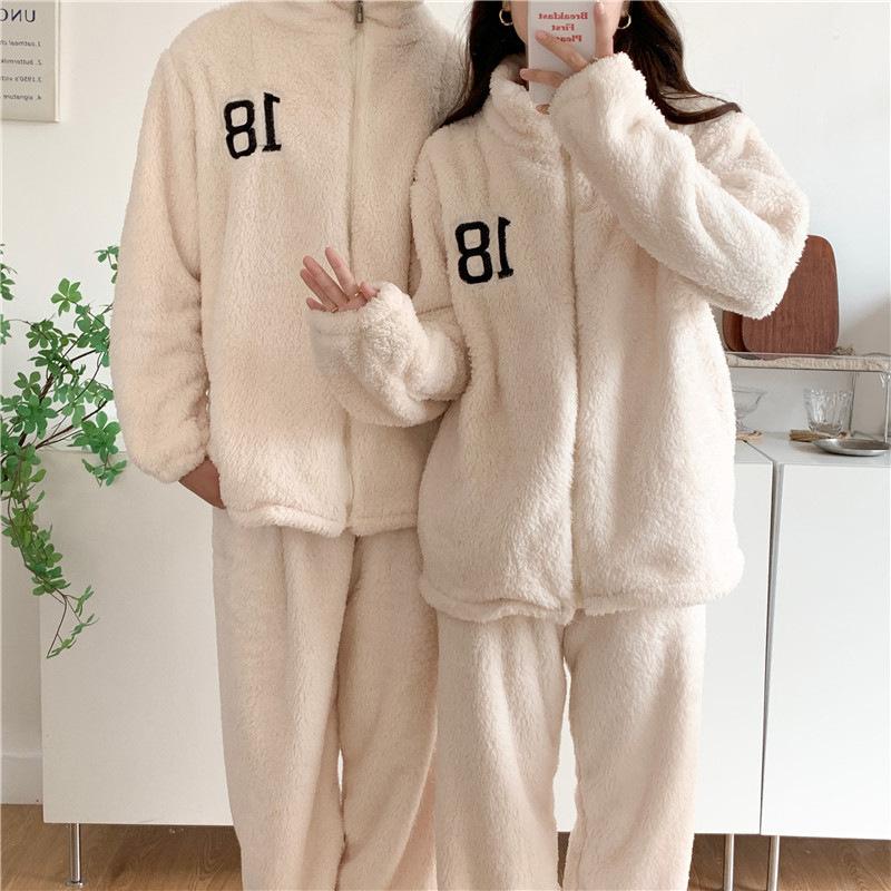 Autumn Winter Couples Flannel Thickened Warm Pajamas Women's Long-sleeved Zipper Plush Suit Men's Home Wear