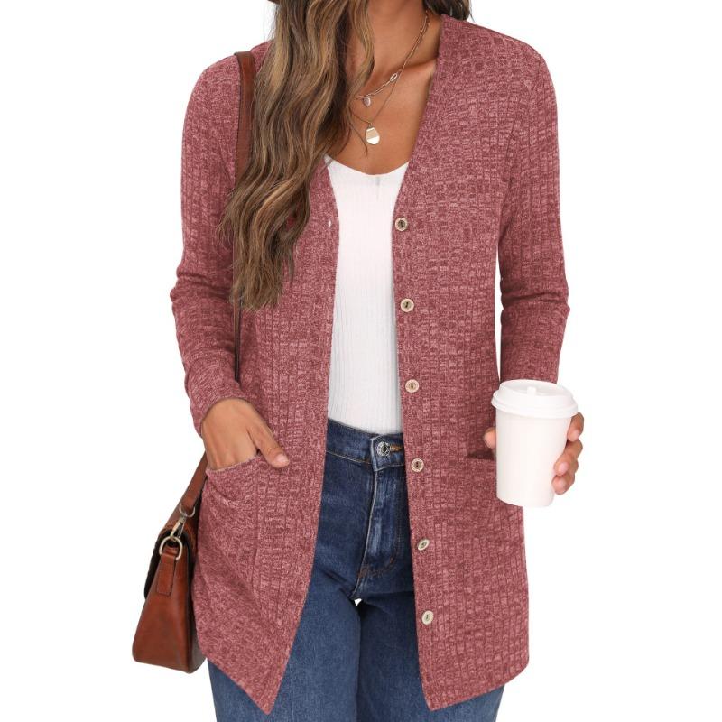 Autumn and Winter Solid Color Loose Long Sleeve Pocket Cardigan Jacket Women's New Style