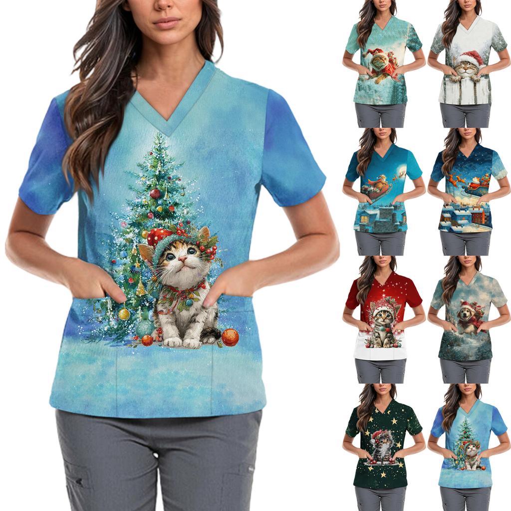 Women's Cute Bow Printed Work Clothes V-neck Double Layer Pockets Basic Short Sleeve Top Pullover