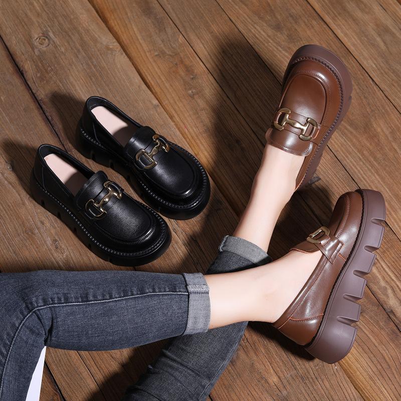 The First Layer of Cowhide Thick-soled Single Shoes for Women's 2025 Spring and Summer New Korean Version of One-pedal Loafers, Metal Buckle Small