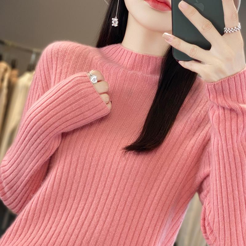 2024 Autumn/Winter Women's Pure Wool Half-High Collar Ribbed Sweater - Slim, Versatile, and Loose-Fitting Knit Top
