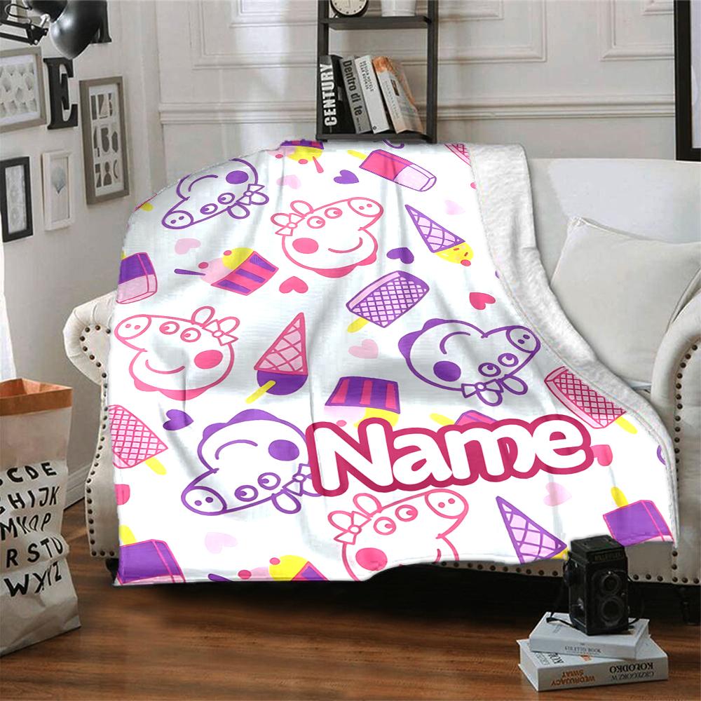 Custom Name Peppa Pig Ice Cream Party Party Blanket For Couch Bed Plush Cozy Fuzzy Blanket Super Soft Warm Blankets For Fall And Winter 0916106