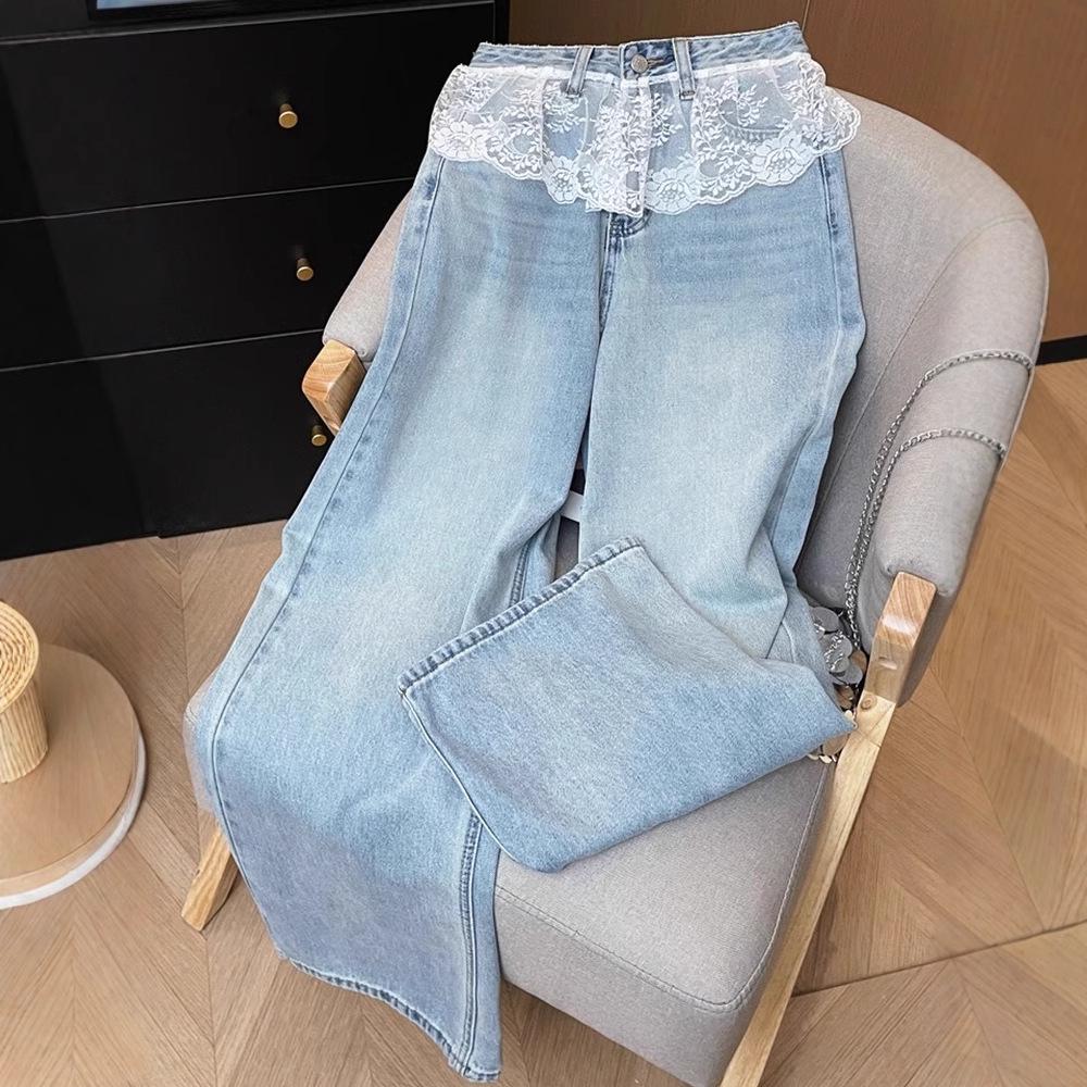 

Женские джинсы с высокой талией, кружевной вставкой и широкими штанинами - Большой размер, стройнящие брюки в пол для весны/лета M [Premium] синий