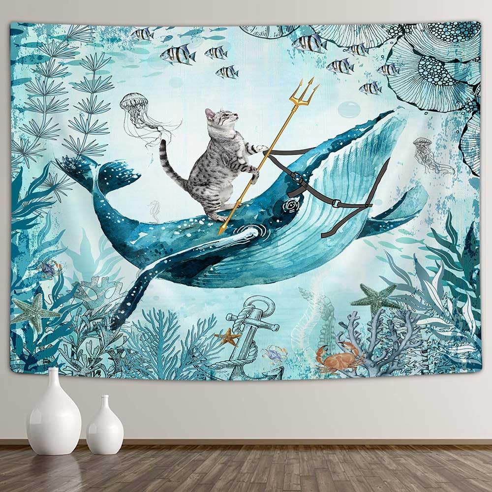 Cool Cat Riding Dinosaur on Fantasy Galaxy SpaceCute Hilarious Outer Universe Anime Tapestry for Bedroom Living Room Dorm