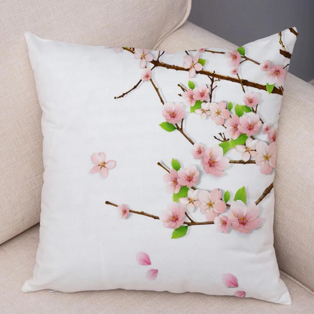 Pink Peach Blossom Cushion Cover Decor Watercolor Cartoon Plant Tree Pillow Case for Sofa Home Car Soft Plush Pillowcase 45x45cm