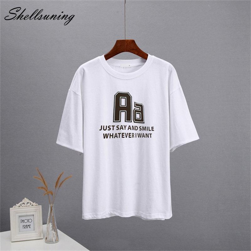 Bavlněná trička Shellsuning Oversized Dámské Léto S krátkým rukávem Trička s 3D potiskem dopisů Dámské Běžné Volné High Street Basic Tops