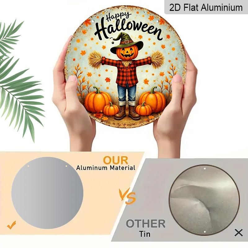 2D Flat Aluminum Decorative Plaques and Ornaments Sign, Halloween Sign with Plaid Pumpkin Scarecrow, Distressed Rustic Wall Hanging Decor, Front Door