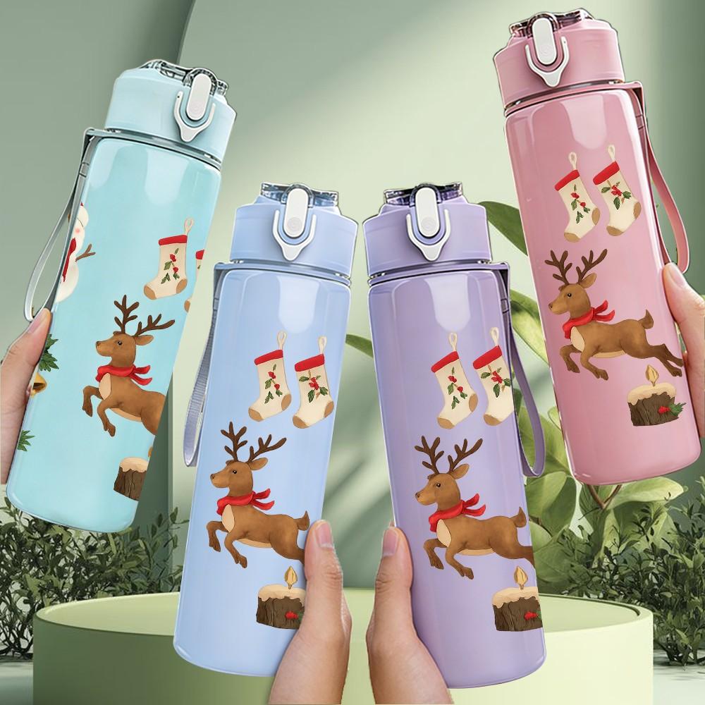 1PC Christmas Santa Deer Pattern 750ml Color Plastic Sports Water Bottle Leakproof Flip Straw Lid Suitable for Sports Office Home Use