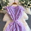 Sweet Stitched Ruffle Hem round Ne Princ Long Dress Women Spring Autumn Belted Waist Women Dress