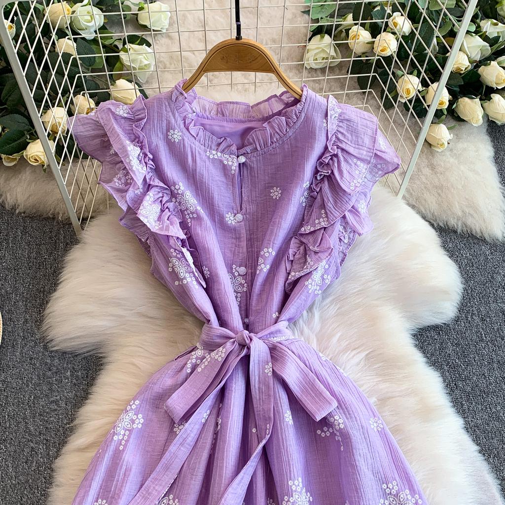Sweet Stitched Ruffle Hem round Ne Princ Long Dress Women Spring Autumn Belted Waist Women Dress