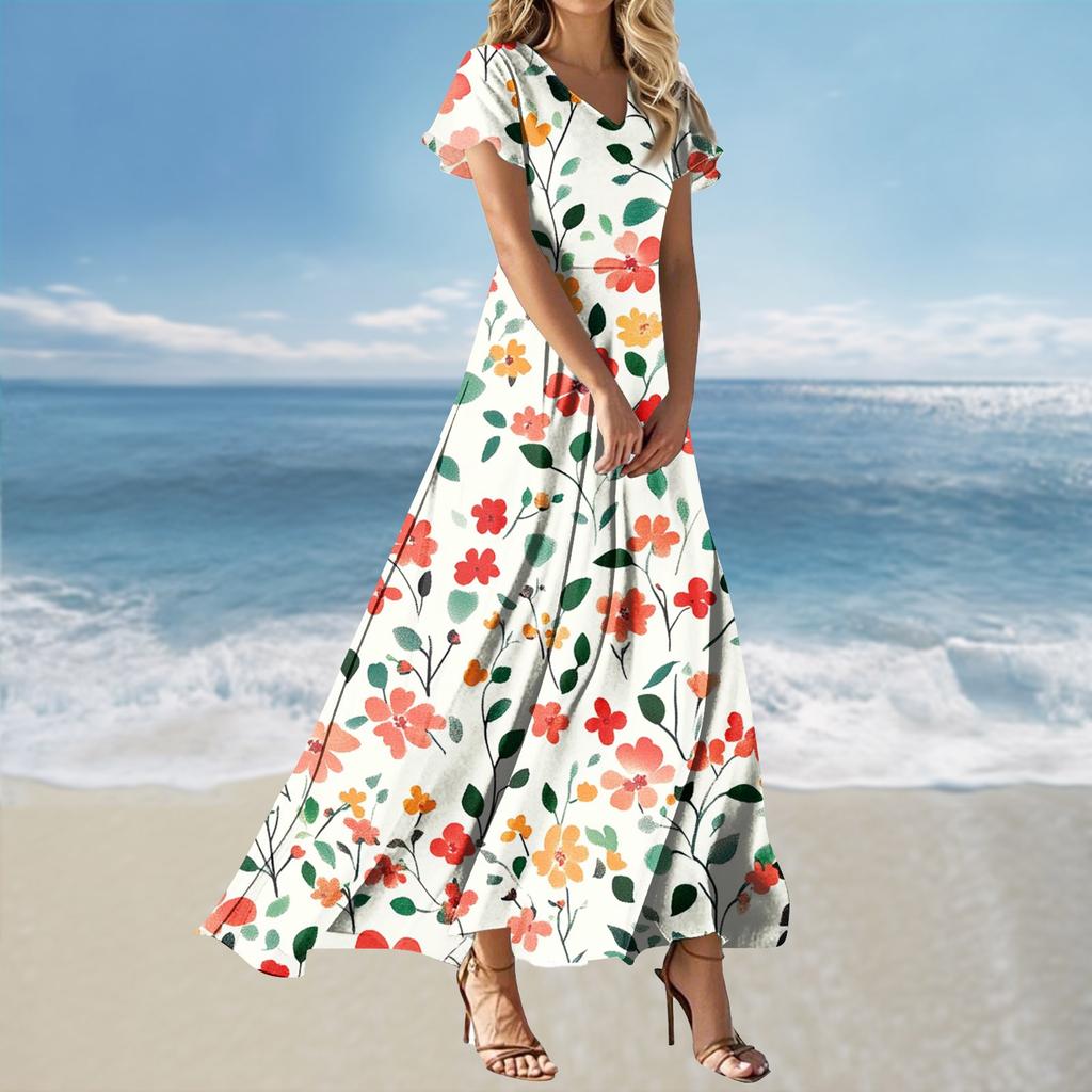 Women's Loose Casual V-Neck Short Sleeved High Waisted Print Dress