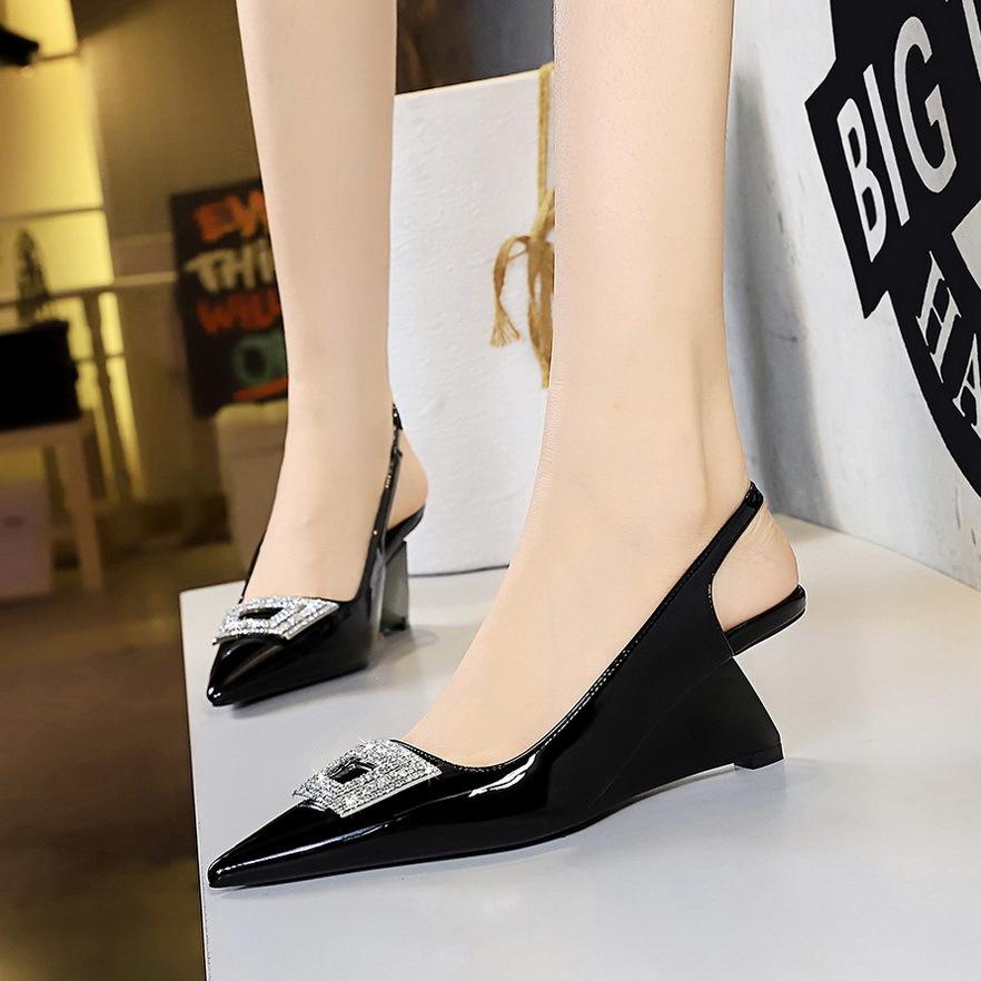 Fashion Patent Leather High Heels Wedges Shoes Lady Trendy Pumps Pointed Toe Hollow Back Strap 6.5 Cm Women Sandals White Heels Shoes
