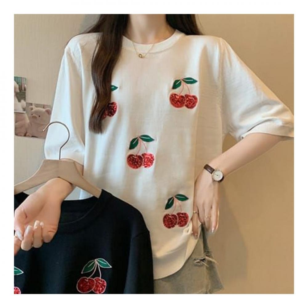 Navava Ice Cool Short Sleeve Knit With Cherry Embroidery Nk2110