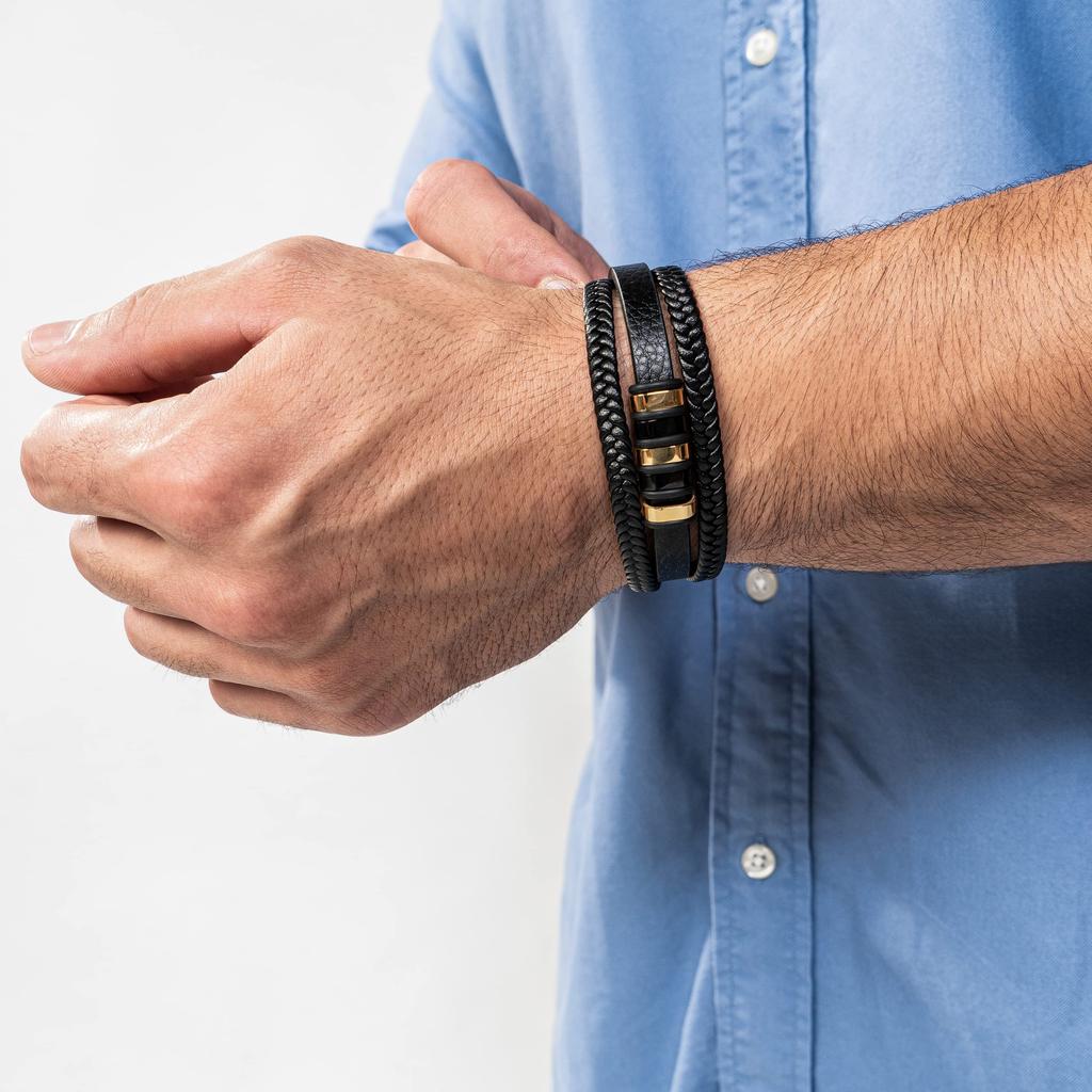 Gold Bracelet 17cm with Gift Genuine Leather Braided Adjustable Magnetic Wrap Male Boys Band Magnetic Accessories [SERASAR] Men's Box, - Cowhide,