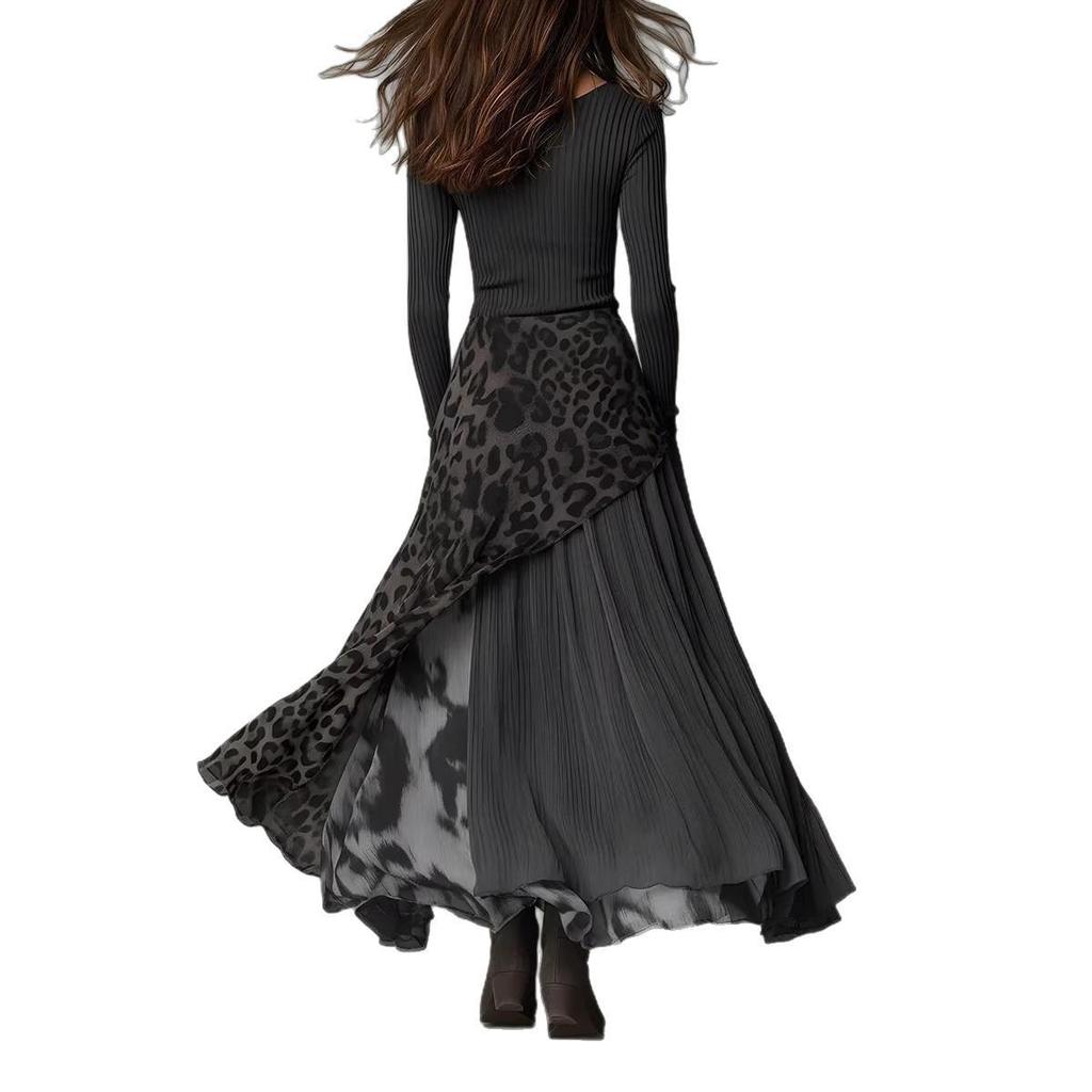 2026 Leopard Print Elastic Waist Wide Hem Casual Dress for Europe and America