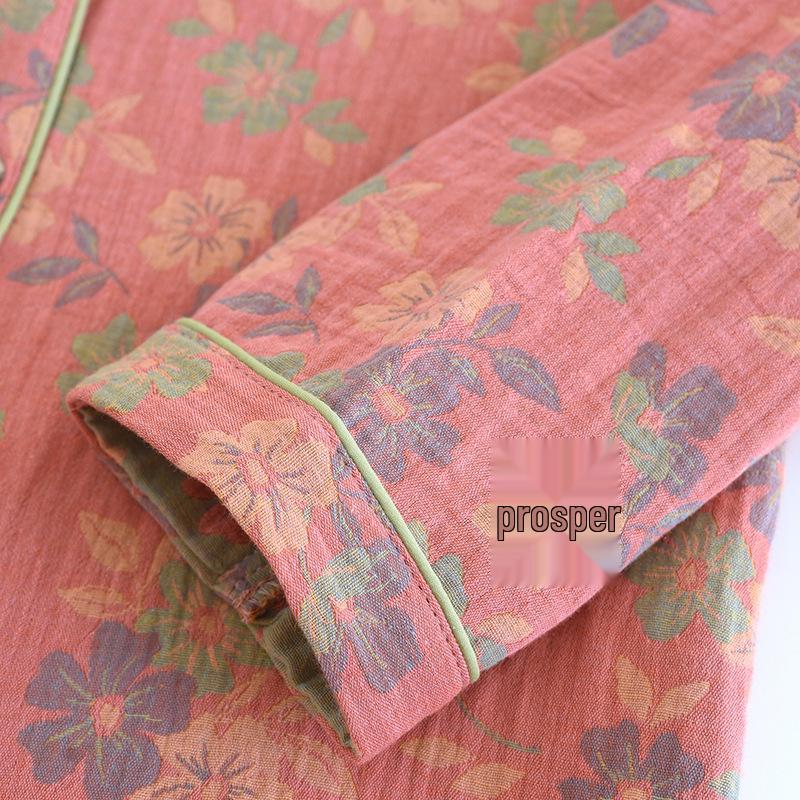 New 2024 Women's Floral Cotton Pajamas Set - Long-Sleeve, Turn-Down Collar, Double-Layer Gauze for Spring and Autumn.