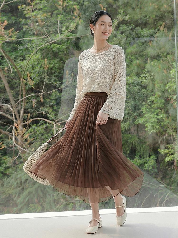 Feiyuan Women's Versatile Pleated Mesh Midi Skirt - Early Spring, Breathable, Large Hem, Commuter Style.