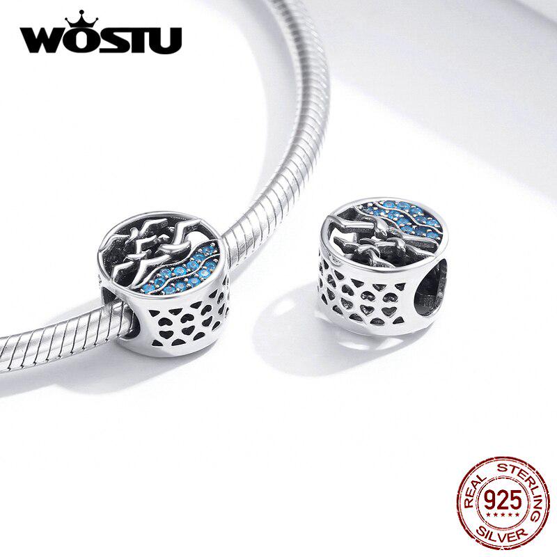 WOSTU Seagulls Charm 925 Sterling Silver Blue Zircon Round Beads Pendant Fit Bracelet Or Necklace