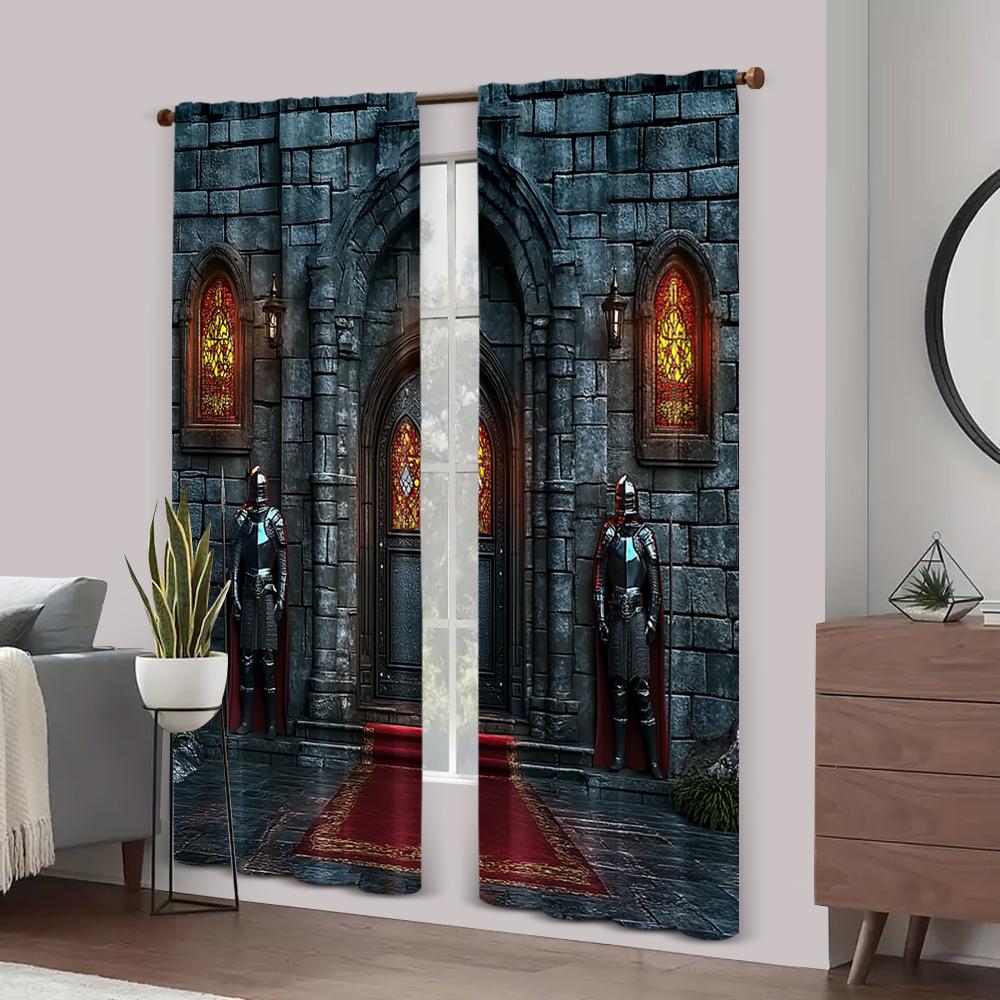 2pc,  Curtains Medieval Castle Versatile 100% Polyester,Without Electricity Birthday Party Use for With Rod Pockets, Translucent