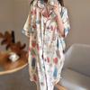 Ice Silk Summer Thin Girl Short-Sleeved Nightdress Cardigan Loose Medium And Long Full Print Loungewear