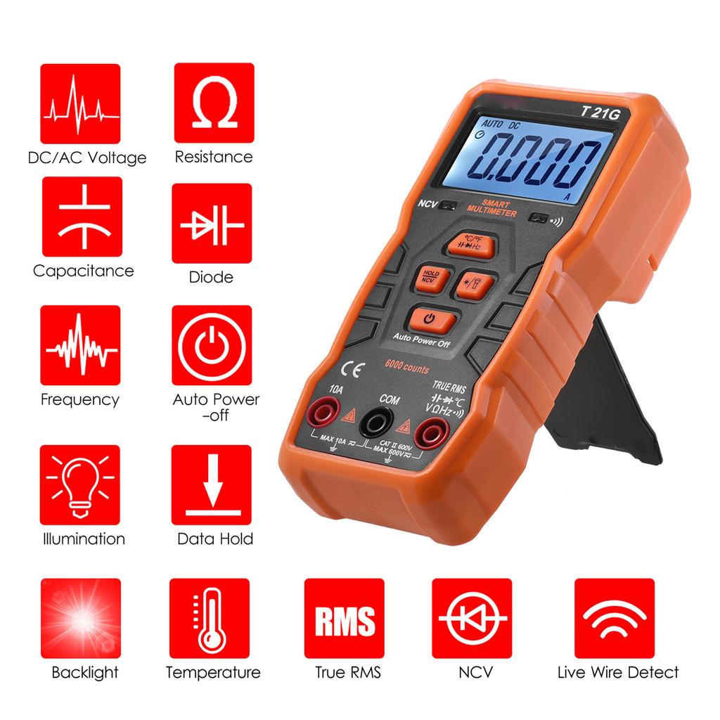 NJTY T21G Mini Smart Multimeter 6000 Counts True RMS Universal Meter Pocket Size Compact 2 inch LCD Digital Multi Meter
