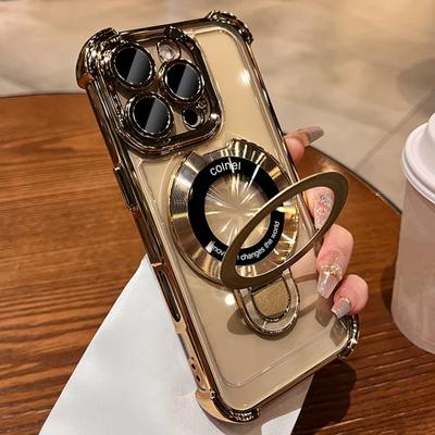 Voor iPhone 16 Pro Max Luxe Transparante Houder Standaard Plating Frame Telefoonhoesje Voor iPhone 11 12 13 14 15 16 Pro Plus Lens Beschermhoes