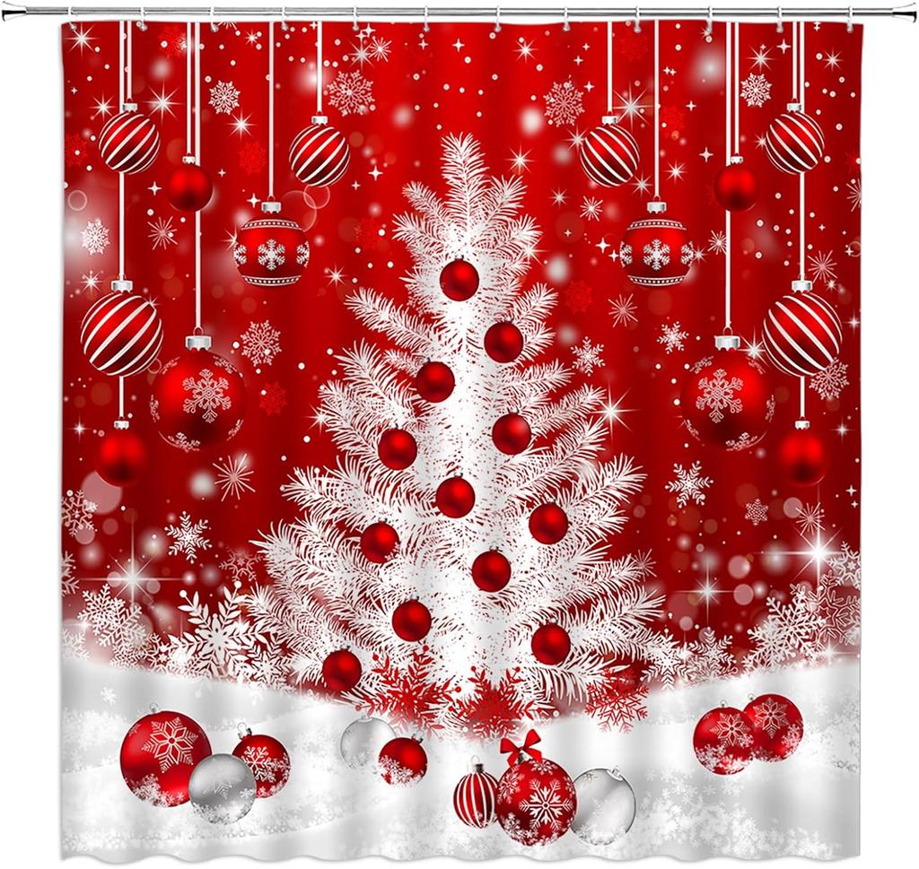Small Stall Shower Curtain,Merry Christmas Xmas Tree Red Ball Snowflake Twigs Pine Tree Branch Winter Holiday Festival Rusticred
