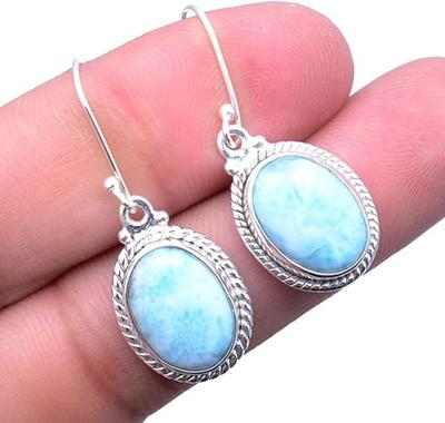 Solid 925 Sterling Silver Larimar Gemstone Women Designer Handmade Dangle Birthstone Gift Earring