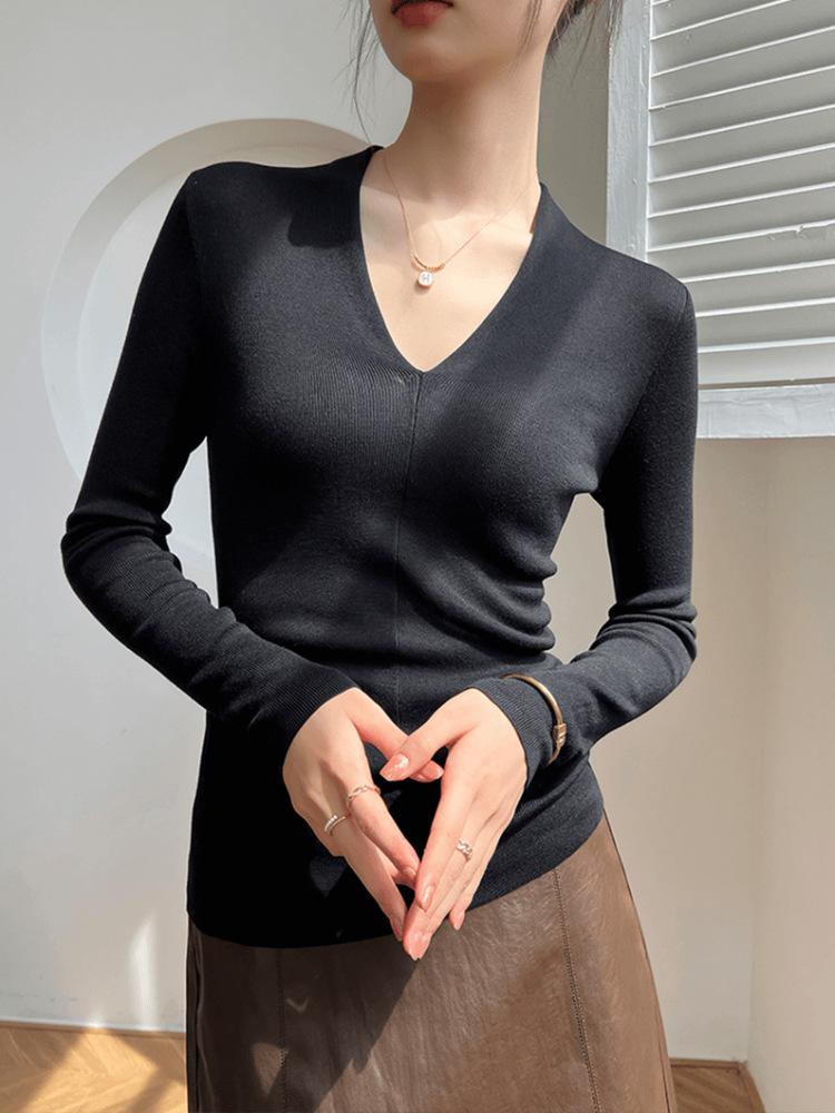 Spice girl style collar long-sleeved knitted sweater women's spring slim-fitting and thin inner top temperament bottoming shirt