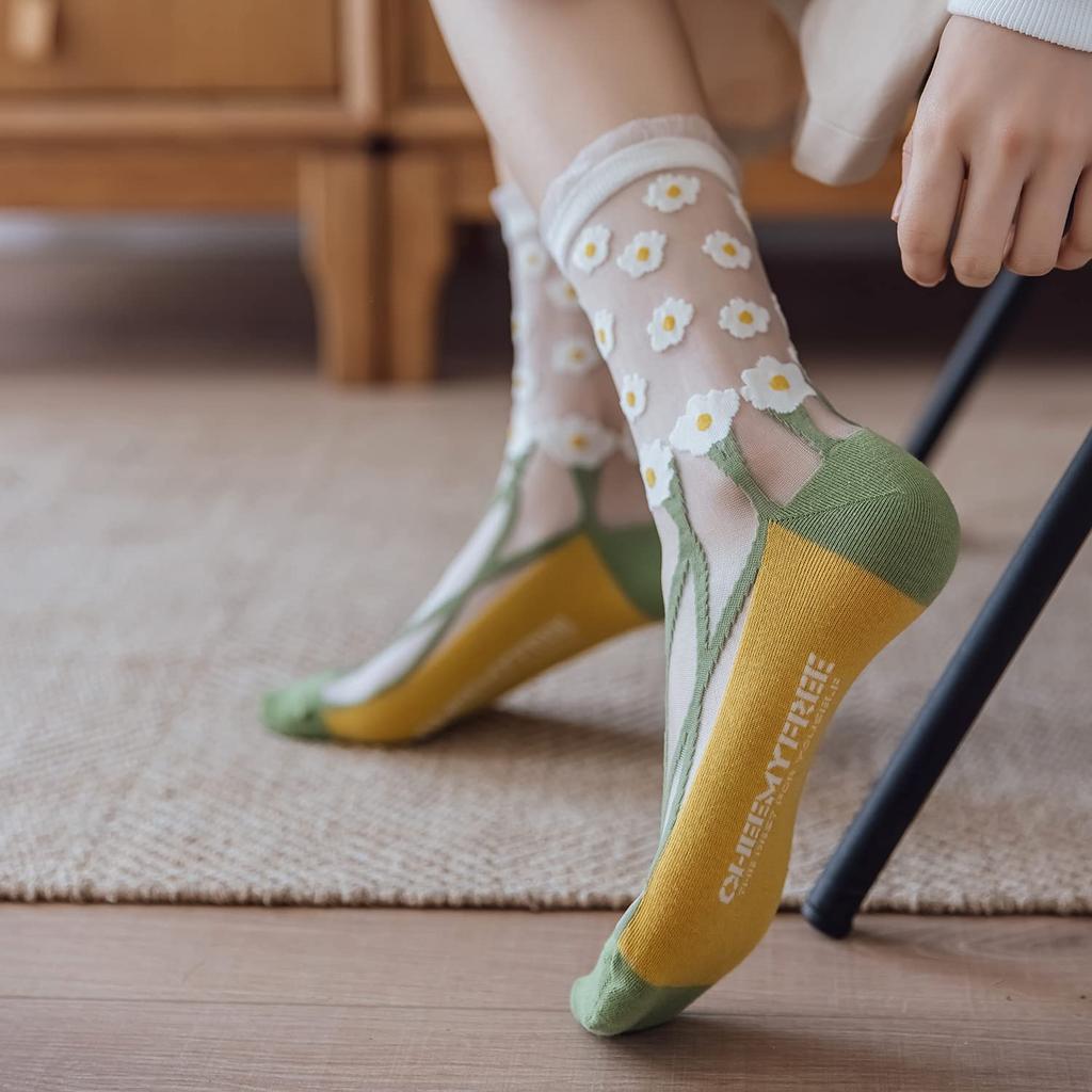 Summer Cute Lace Floral Print Sizes Women's Socks, Socks, Transparent, See-Through Socks, Stylish, Thin, Odor-Resistant, Non-Sweaty, 5-Pair Set,