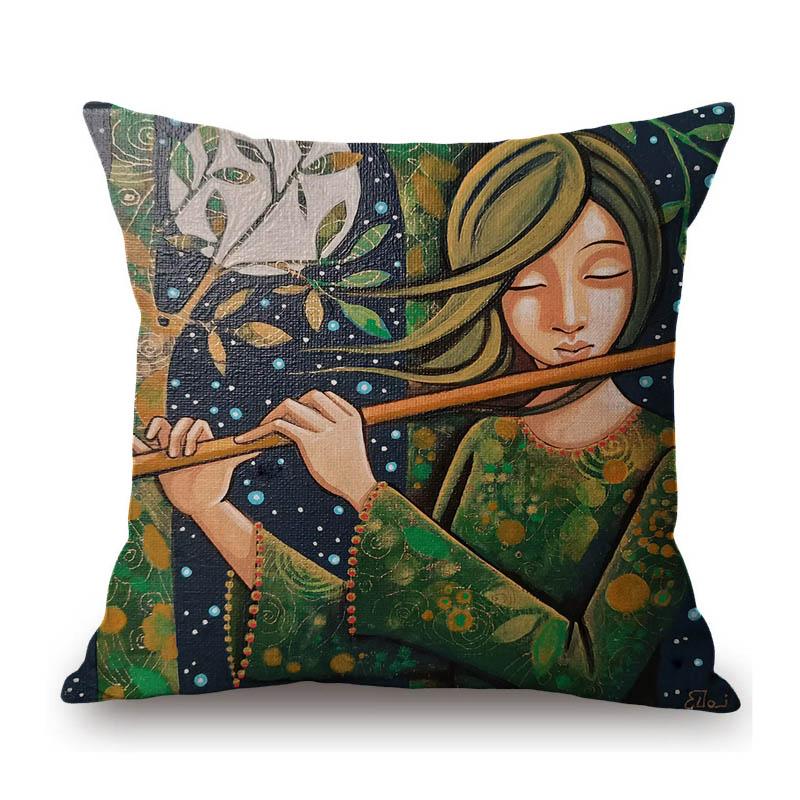 Modern Art Abstract Oil Painting Girl Play Violet Carionet Cotton Linen Sofa Throw Pillow Case Home Decorative Cushion Cover