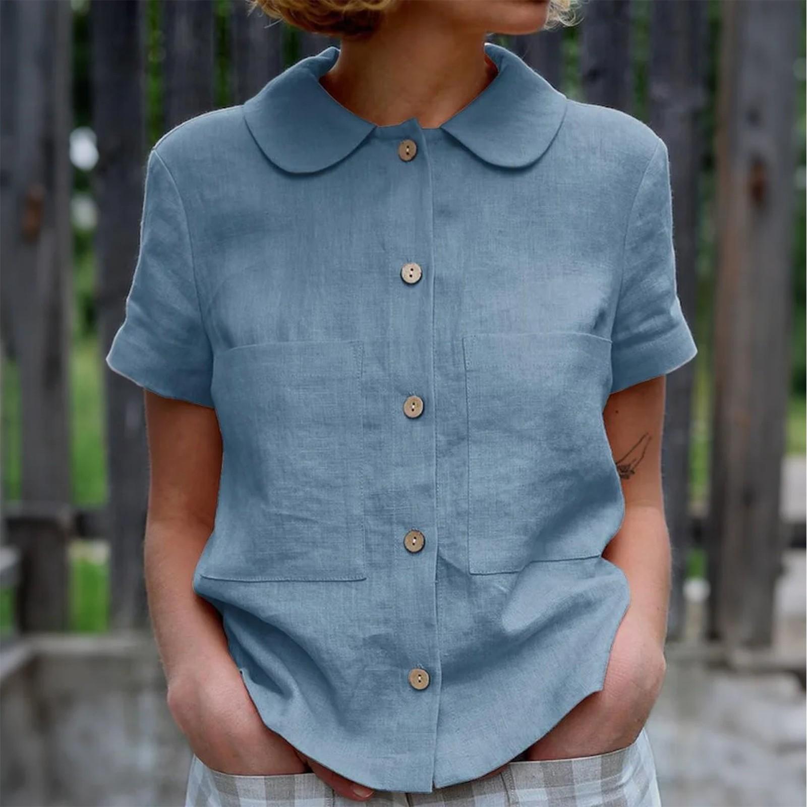

Женский модный однотонный топ с короткими рукавами и круглым вырезом на пуговицах S синий