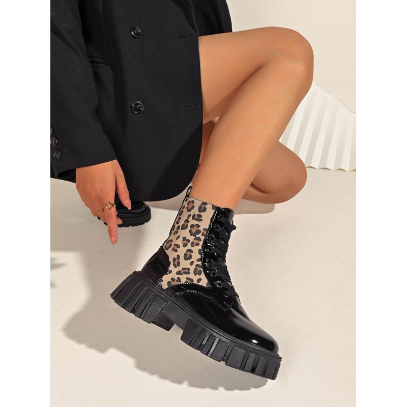 Leopard print design sense round head Martin boots New thick heel thin high heel thick heel color matching Martin boots