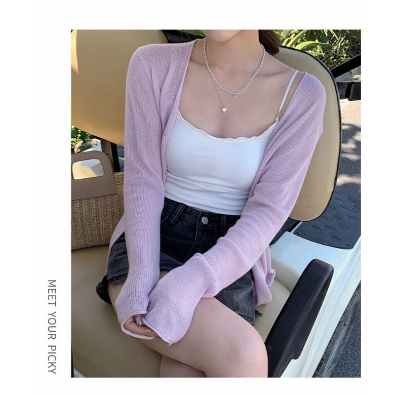 Mode V-Ausschnitt Sonnenschutz Strickjacke Dünne Damen Eisseide Strickjacke Sommer Locker Bluse Neu Lässig Einfach Kurztop Klimatisches Hemd